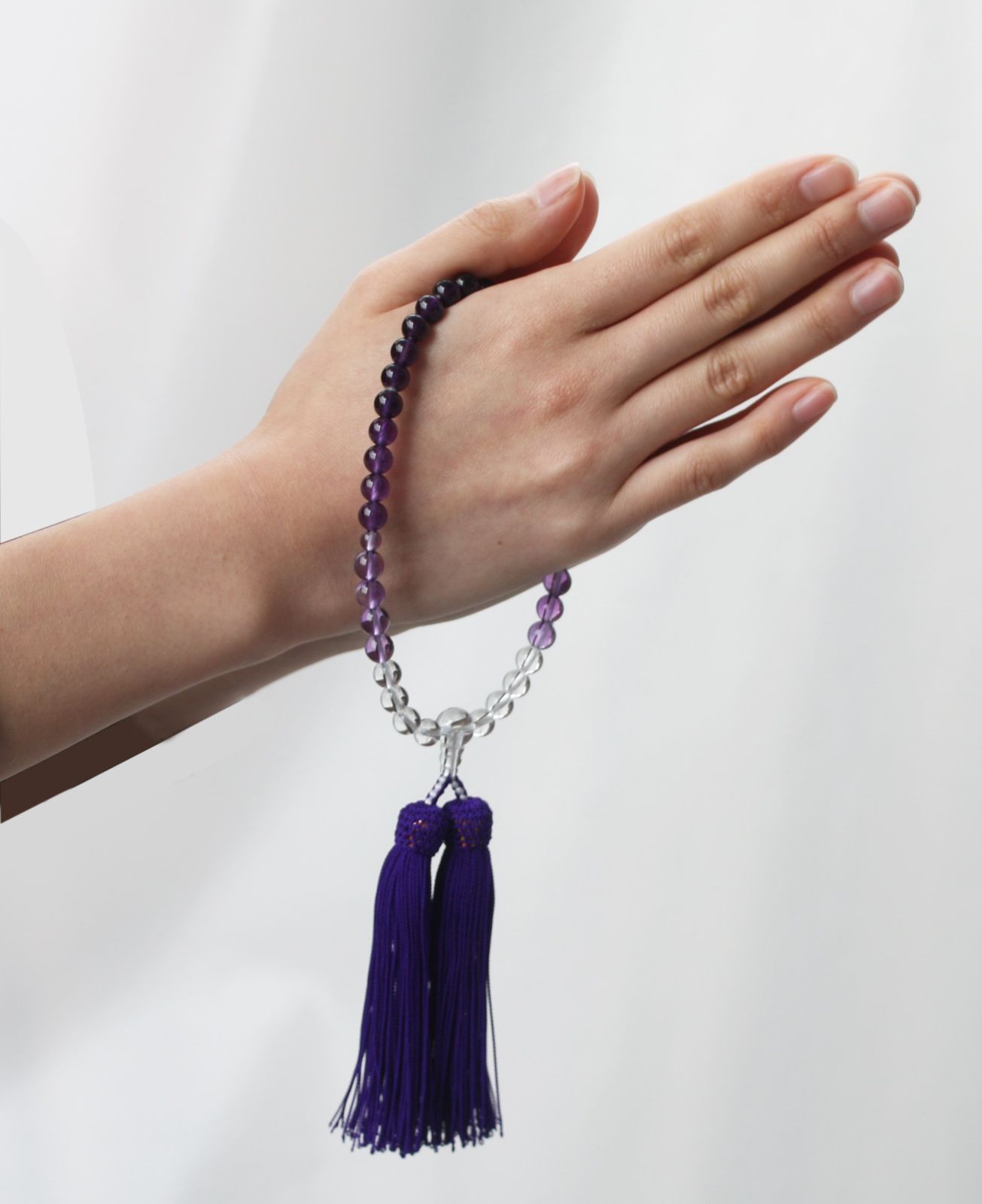 数量 7mm 紫水晶グラデーション 水晶入 女性用数珠 正絹頭付房 中郷