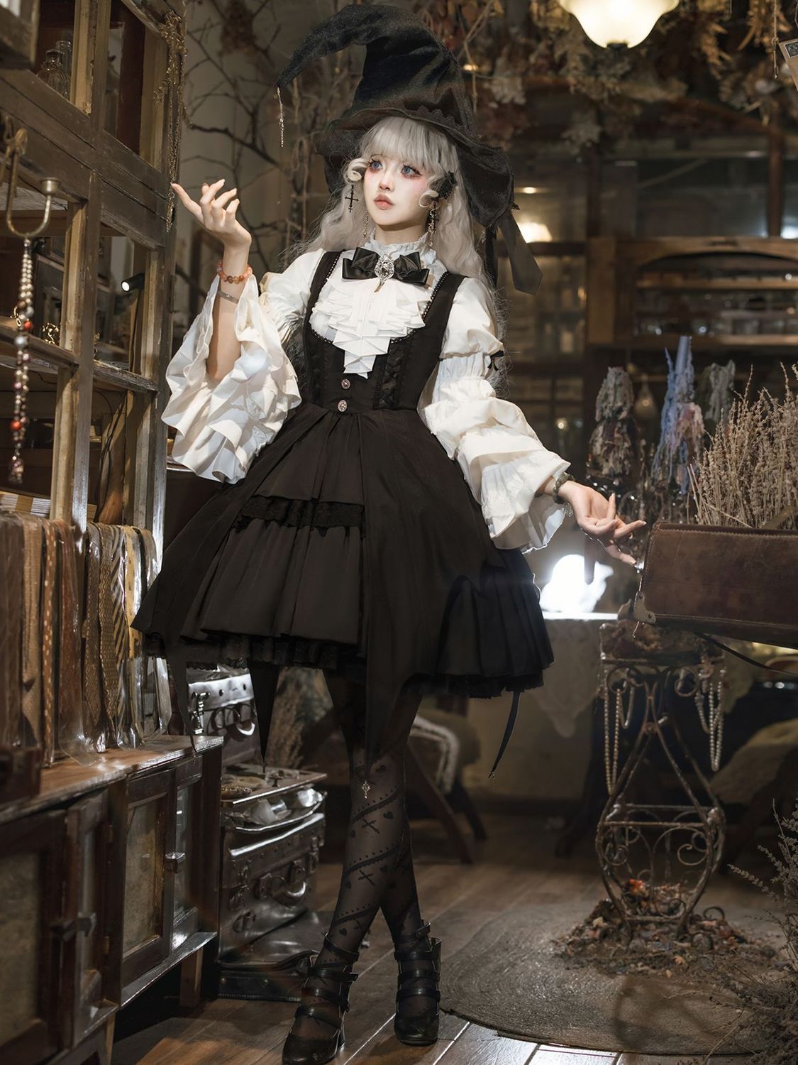 ゴシックモチーフ 長袖ブラウス ジャンプスカート セット 姬袖 エレガントデザイン ゴシックデザイン ハロウィンコスプレ ウェイブコーデ魅惑的 コスチューム ロールプレイング ステージ衣装 文化祭 sk スカート ワンピース 暗黒風 万聖節 ロリータ