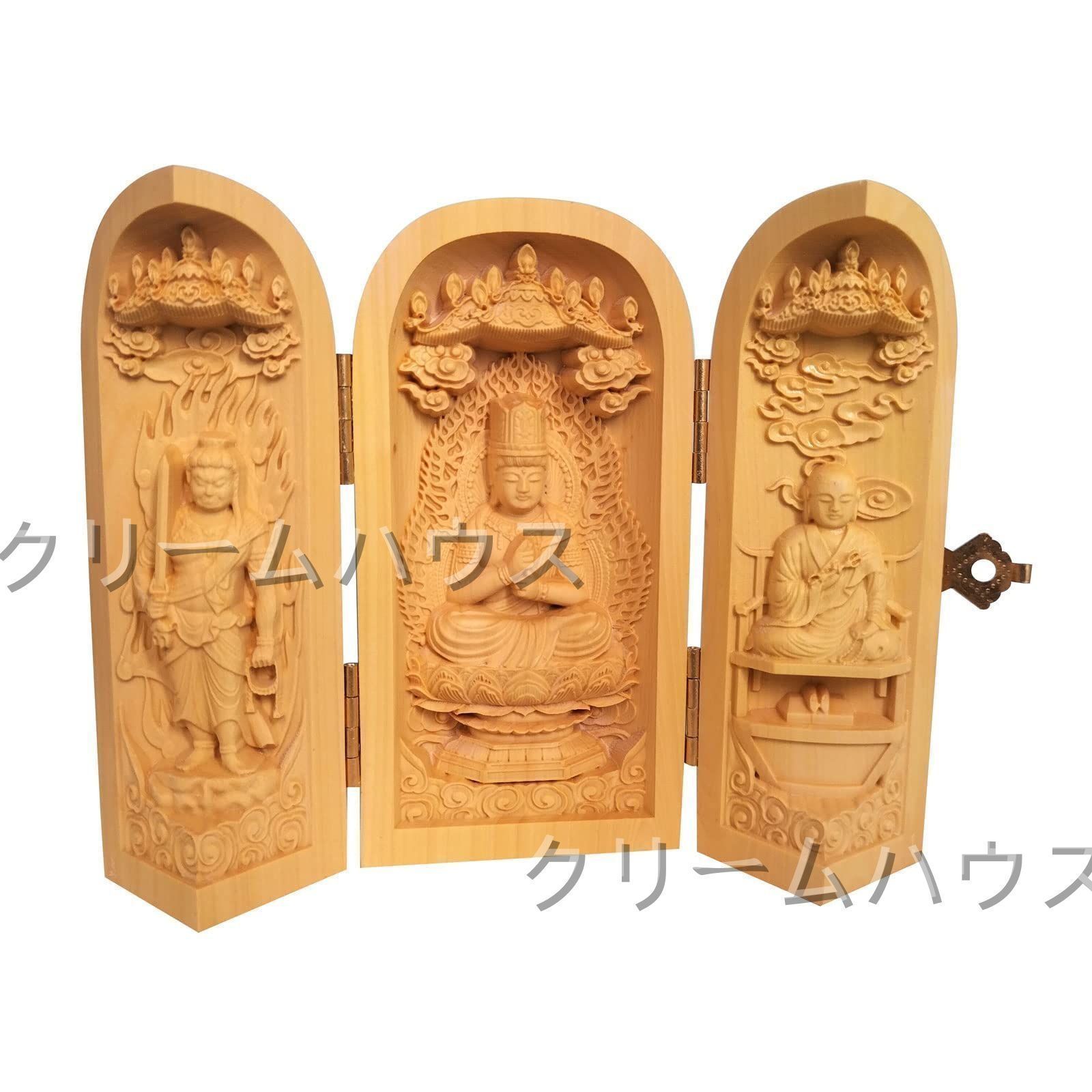 木彫り仏像 三開仏 大日三尊 真言宗三尊 大日如来・弘法大師 木彫り仏像 三開仏 大日三尊 真言宗三尊 大日如来・弘法大師