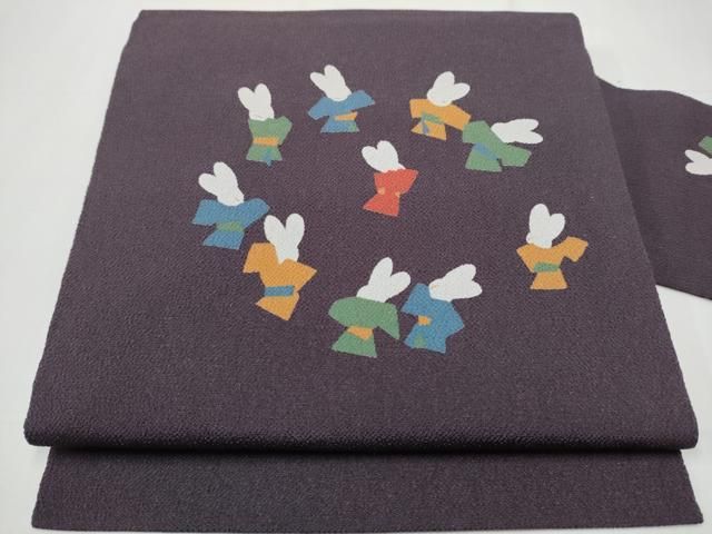 平和屋着物●九寸名古屋帯　型染め　兎　鬼しぼ縮緬　正絹　逸品　CAAY9845hy 平和屋着物○九寸名古屋帯 型染め 兎 鬼しぼ縮緬 正絹 逸品