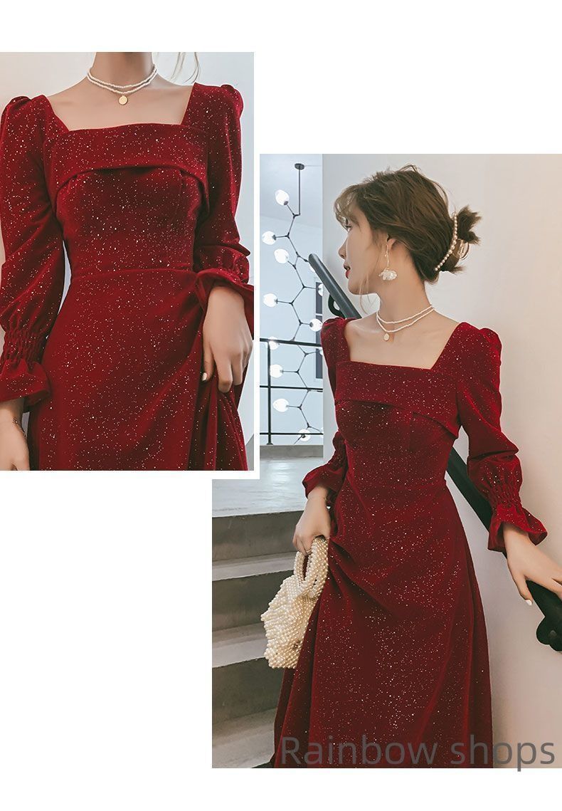 ワンピース レディース ドレス ロング 袖付きワンピース パーティードレス ロングドレス レトロ クラシカル スクエアネック 秋 冬 春 ボルドー ワインレッド ロングワンピース RNS4864