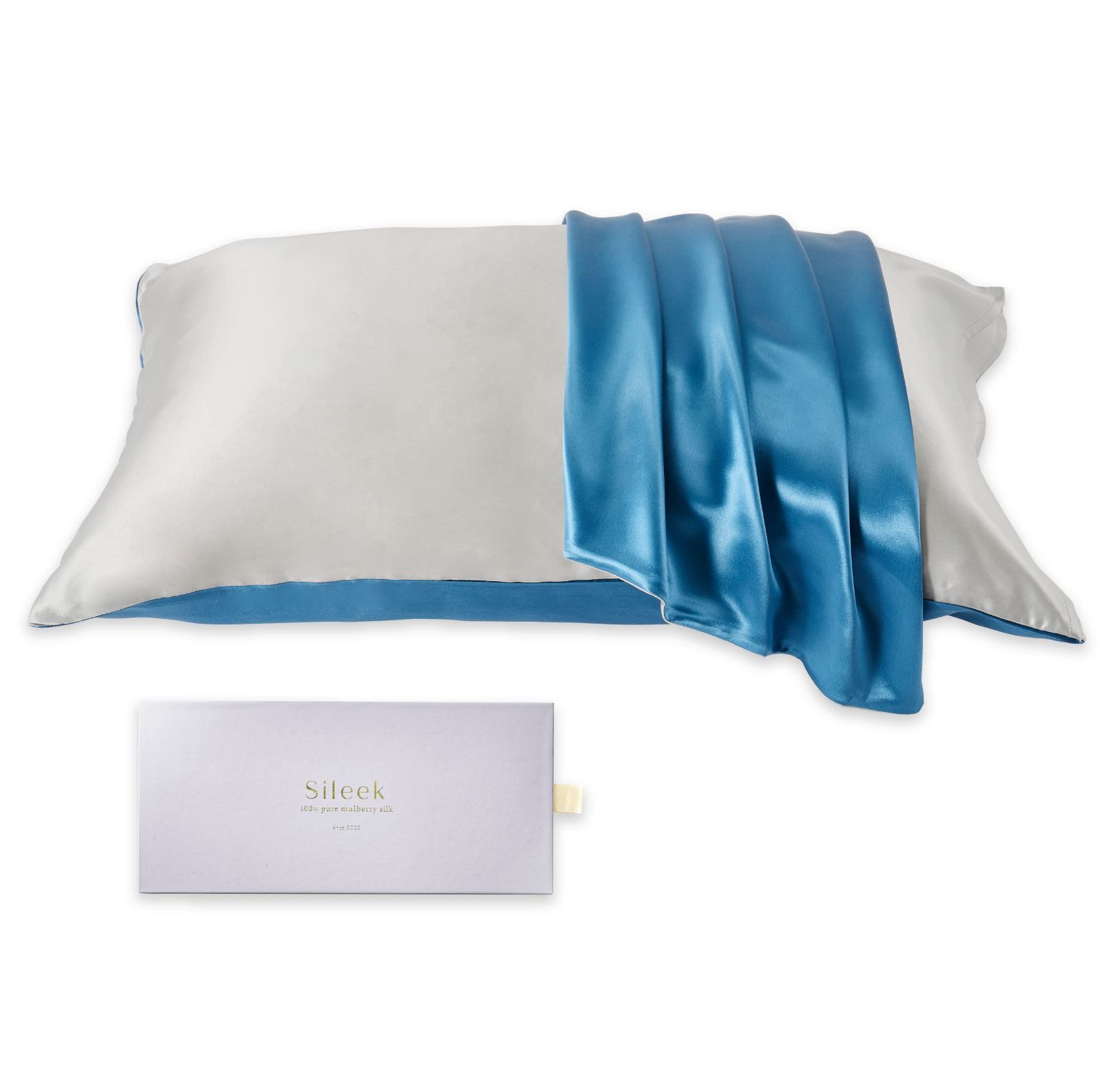 Sileek シルク枕カバー バイカラー まくらカバー 両面シルク100％ 上質Sileek-silk6A 摩擦軽減 美肌 美髪 快眠 寝癖防止 1枚 アクアマリンブルー×シルバーグレー 枕サイズ 43×63cm