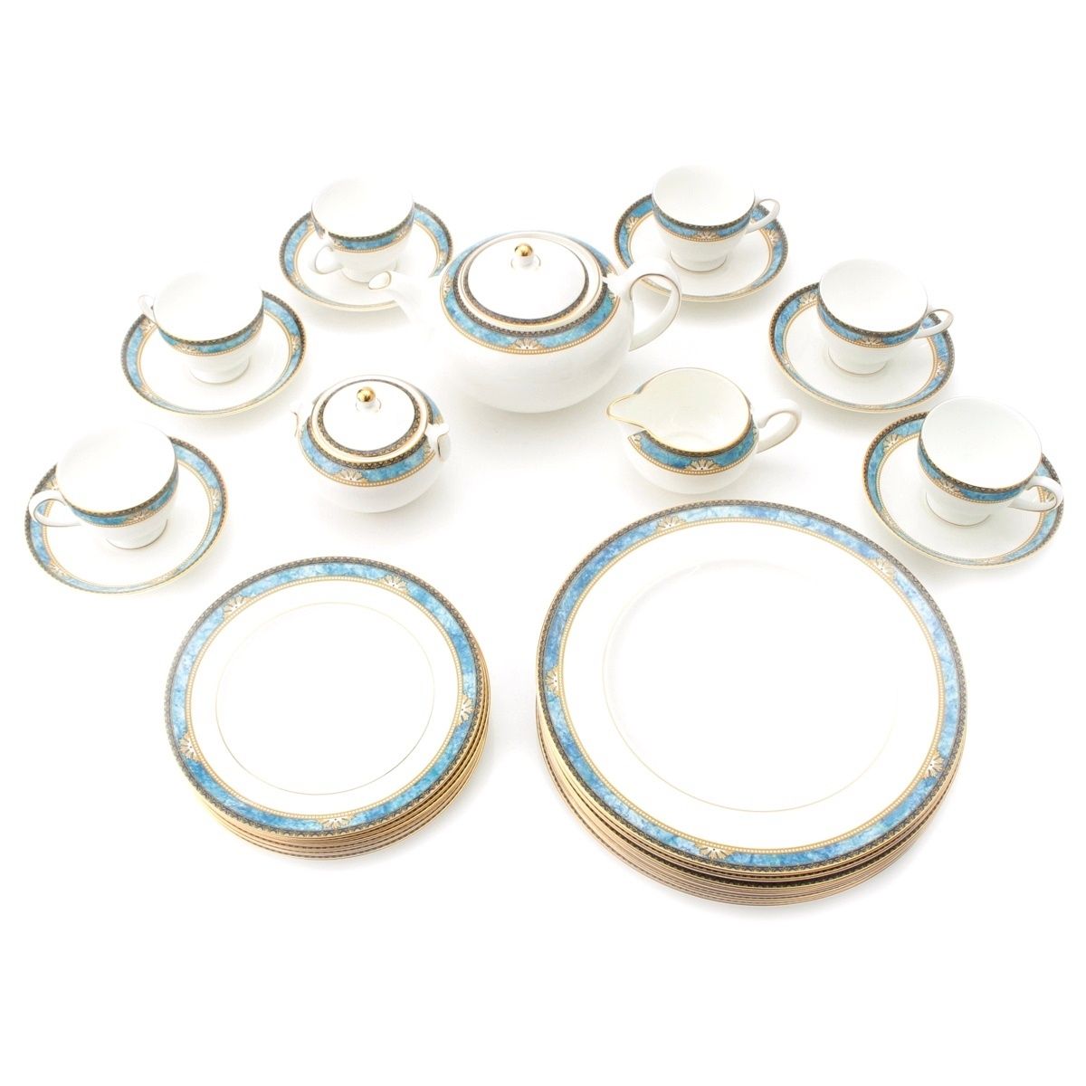 ウェッジウッド CURZON ボーンチャイナ 食器 ティーポット シュガーポット クリーマー カップ＆ソーサー×6 デザートプレート×6 ディナープレート×7 セット ホワイト