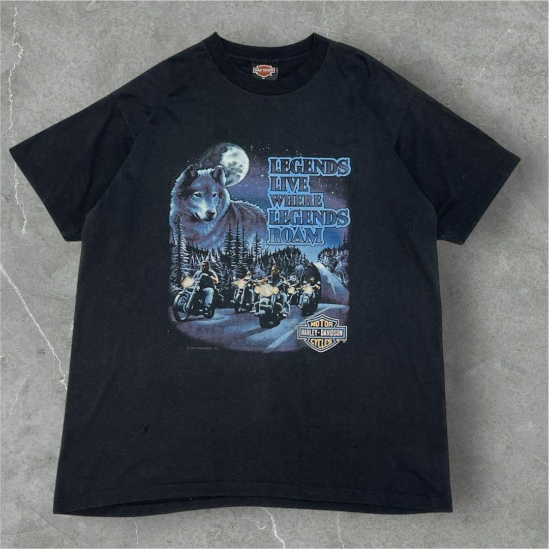 90s ハーレーダビッドソンUSA製 ビンテージTシャツ XL 黒 狼 6778