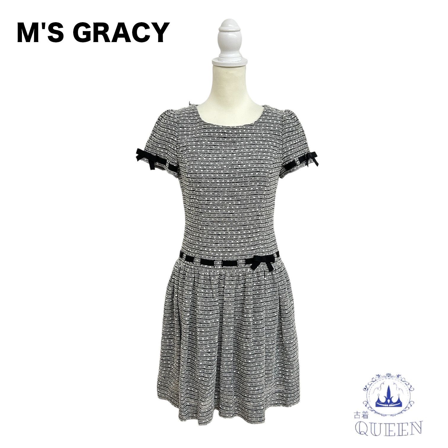 エムズグレイシー リボン柄 半袖ひざ丈ワンピース ☆美品☆ M'S GRACY エムズグレイシー ワンピース 半袖 ひざ丈