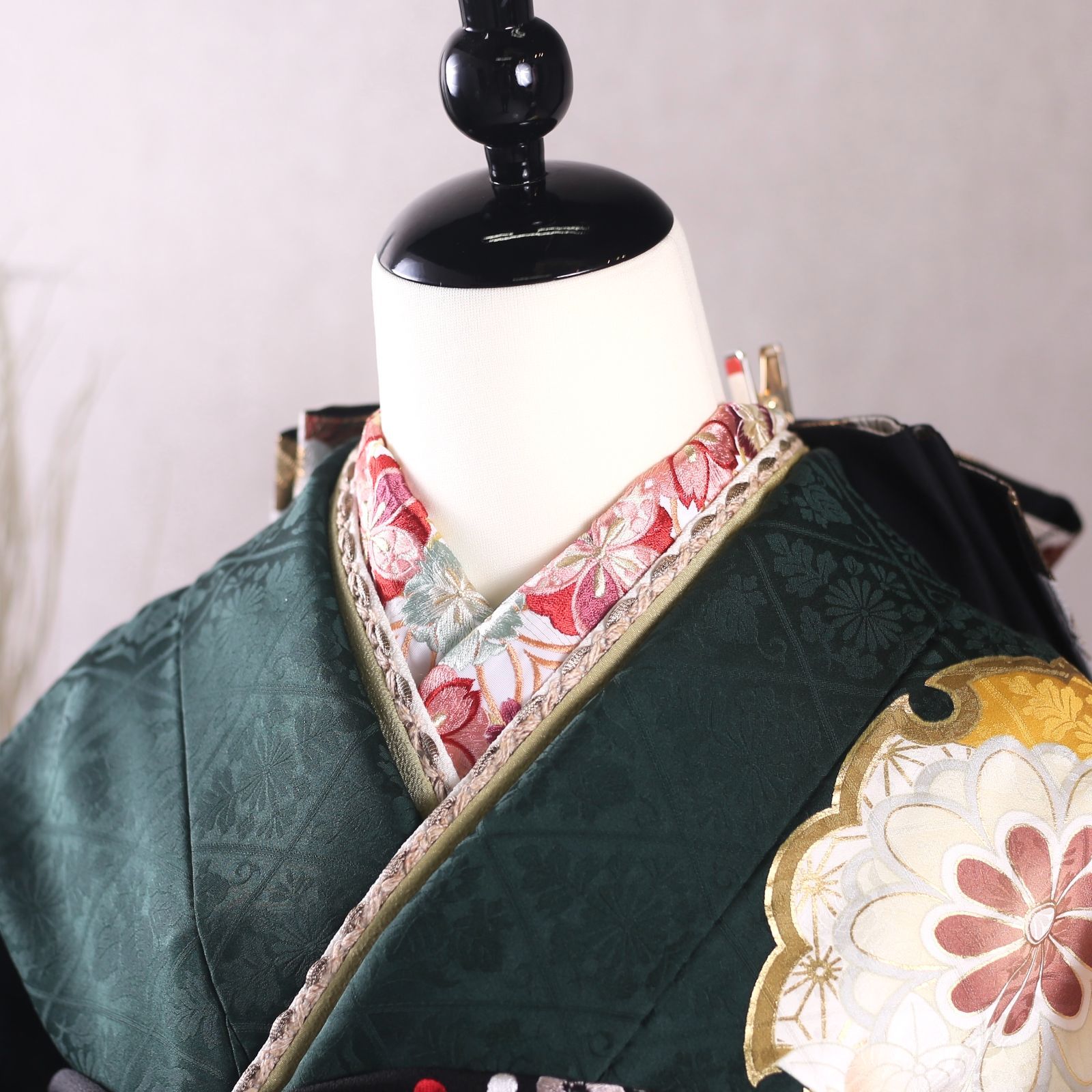 【美品　正絹お振袖　7点フルセット　Mサイズ　深緑×赤　】 振袖フルセット 振袖セット 振袖 LLサイズ 青緑×古典 美品 成人