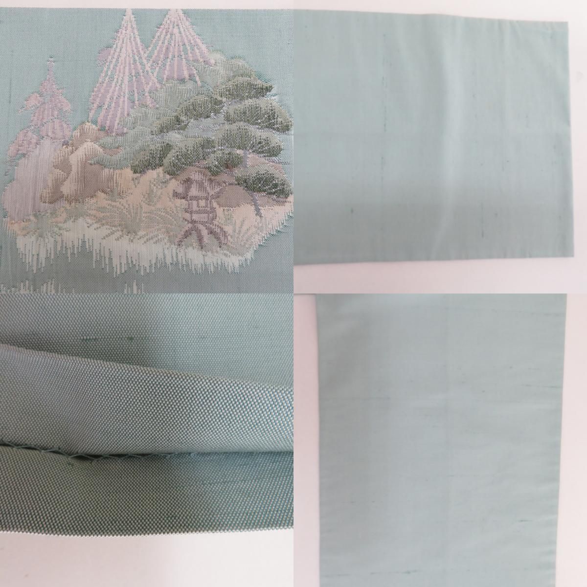 袋帯 洒落袋帯 紬帯 兼六園文様 お太鼓柄 薄緑x灰色x正絹 仕立て