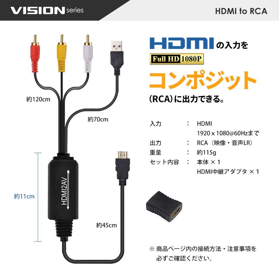 RCA → HDMI 変換ケーブル 変換器 コンバーター HDMIケーブル分離型 1.5m コンポジット入力 HDMI出力 AV2HDMI (HDMIケーブル50cm付属)