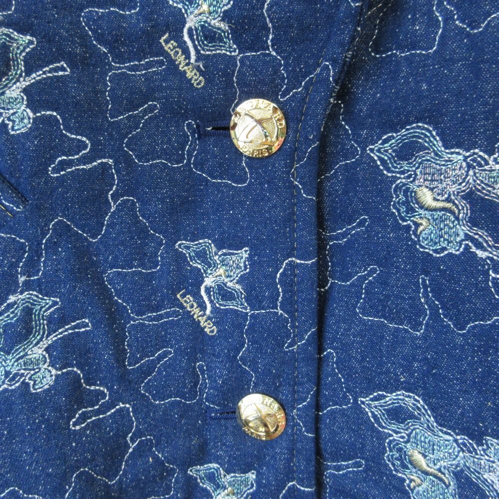 新品 90’ 年代 柄ヴィンテージ Leonard レオナール Silk スカフ 良品 LEONARD レオナール シルク デニム 刺繍 エンブロイダリー