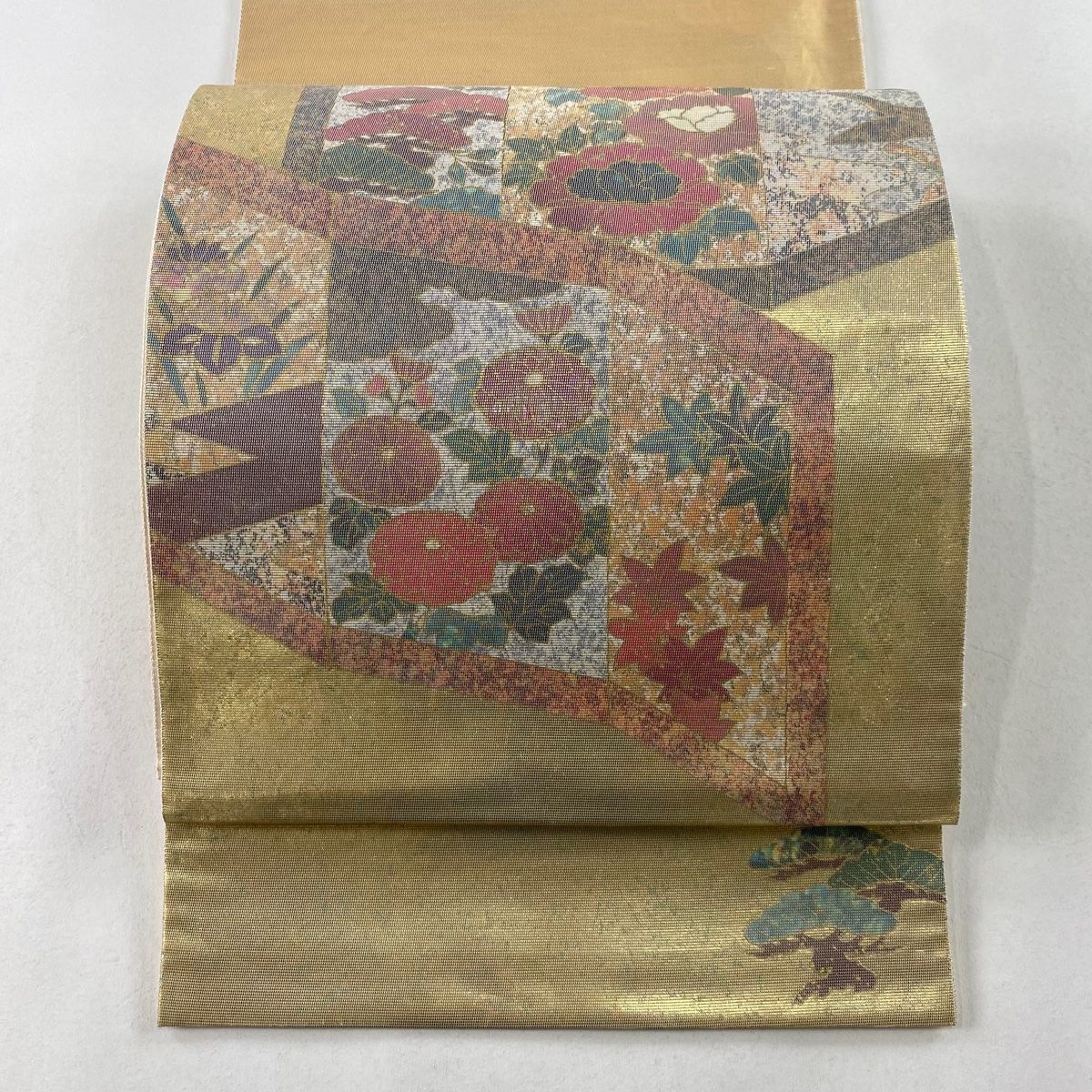 袋帯 秀品 屏風 草花 螺鈿 箔 金色 お太鼓柄 正絹 【中古