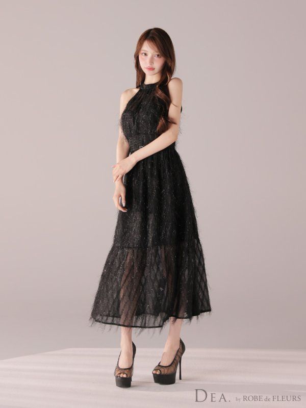 ブラック DE4318-P-2509 Lサイズあり DEA.|ディア フリンジジャガード| サテン| ロング| ワンピース| ミモレ丈| マキシ丈| ミディアムドレス| キャバドレス long