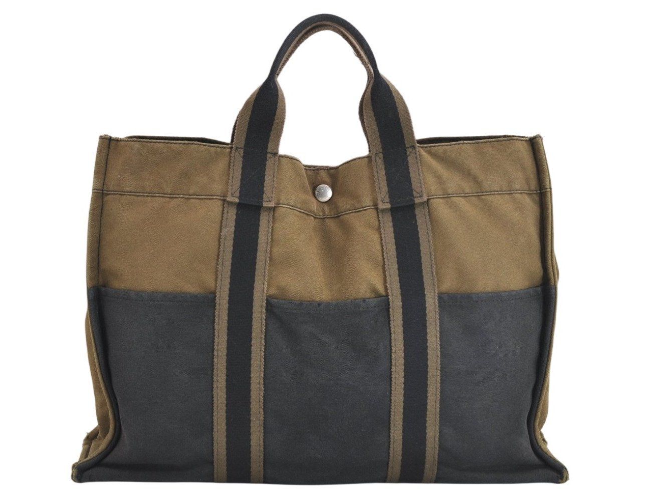 HERMES エルメス ヴィンテージ フールトゥ MM ハンドトートバッグ キャンバス カーキ ブラック 4650M