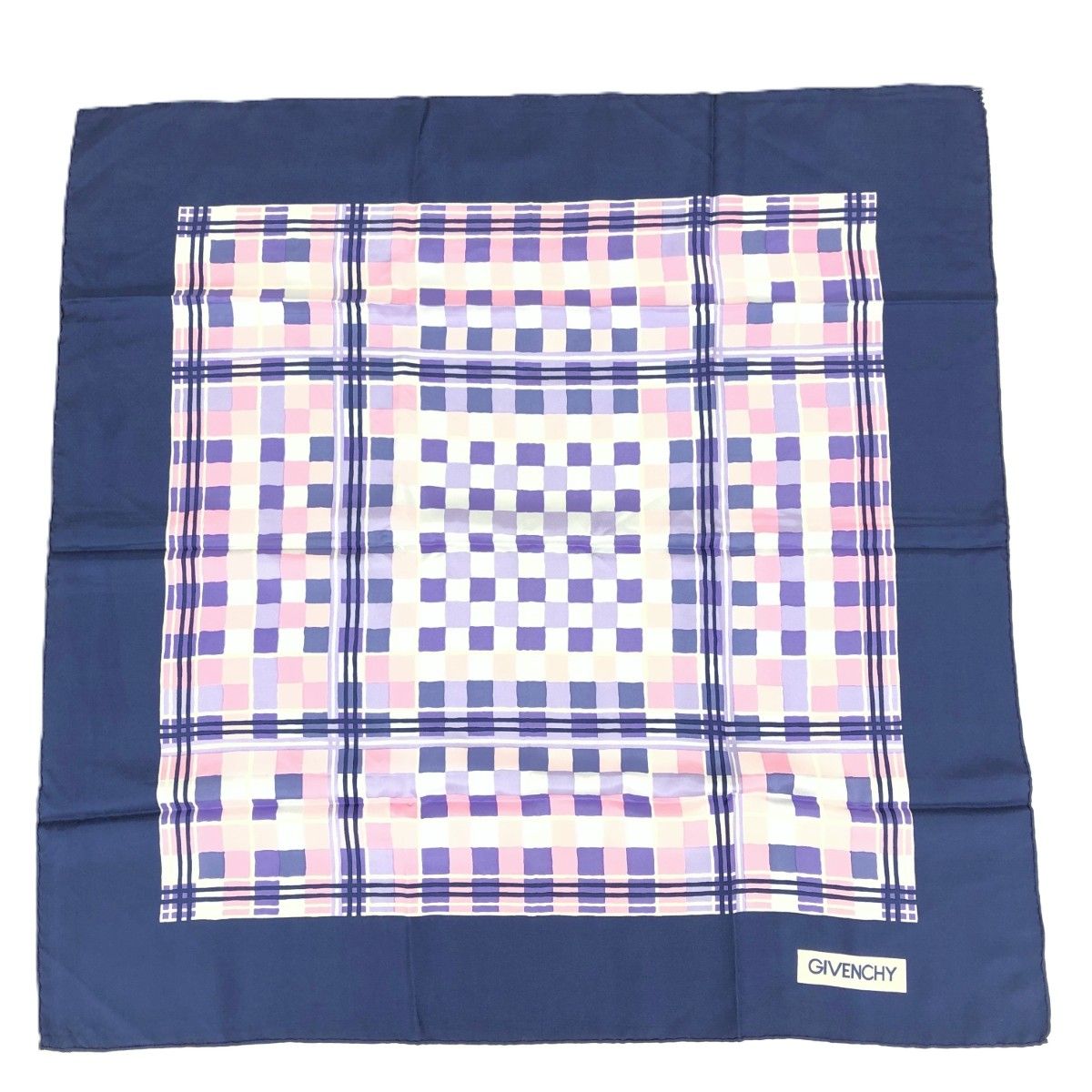 GIVENCHY ジバンシィ スカーフ ロゴ/チェック/シルク 絹100％ ネイビー
