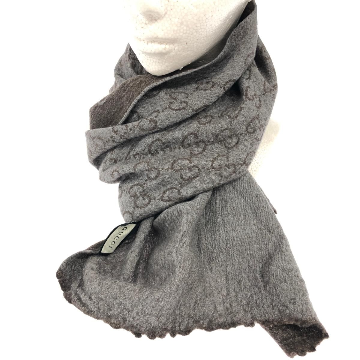 GUCCI グッチ ストール 未使用品 ブラウン ウール70％ シルク30％ GG柄 レディース マフラー ストール 襟巻 服飾小物 ★GUCCI グッチ ストール ショール マフラー フォックスファー ウール 総柄 フリンジ ブラウン 美品鑑定済み 本物保証