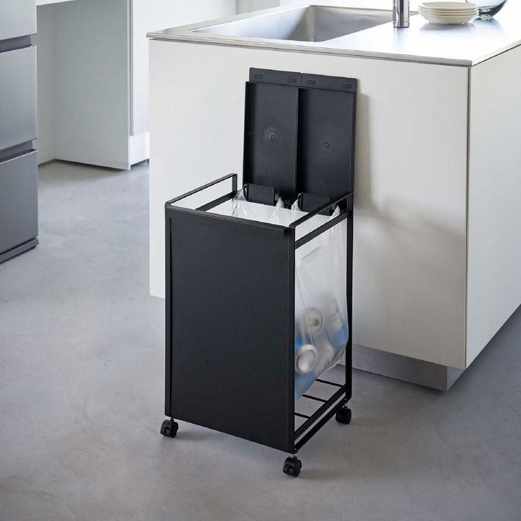 山崎実業 公式 tower 蓋付き目隠し分別ダストワゴン タワー 2分別 ホワイト ブラック 5975 5976 ゴミ箱 ごみ箱 ダストボックス 分別 レジ袋対応 ふた付き ペットボトル 缶 資源ゴミ キッチン タワーシリーズ