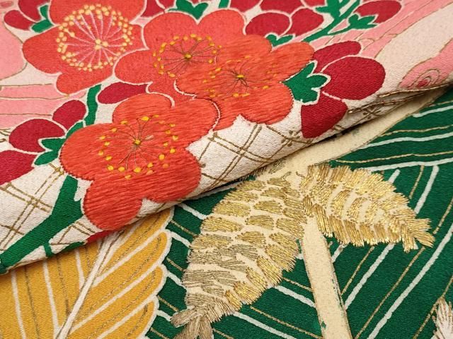 平和屋着物■極上　アンティーク　大正ロマン　振袖　駒刺繍　御所車　松竹梅　金彩　逸品　CYAA3340s5 平和屋着物□極上 アンティーク 大正ロマン 振袖 駒刺繍 御所車 松竹梅