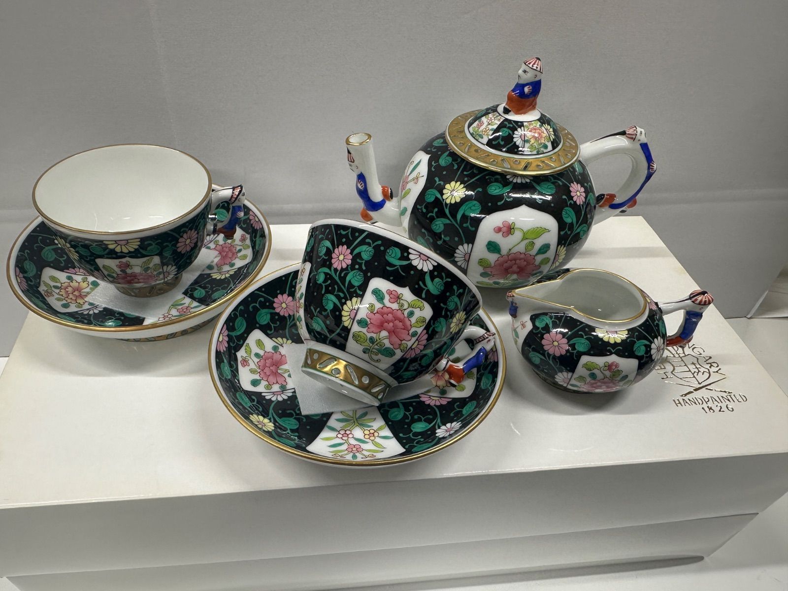 HEREND ヘレンド シノワズリ 西安の黒 SN ティータイムセット カップ-ソーサー クリーマー ティーポット