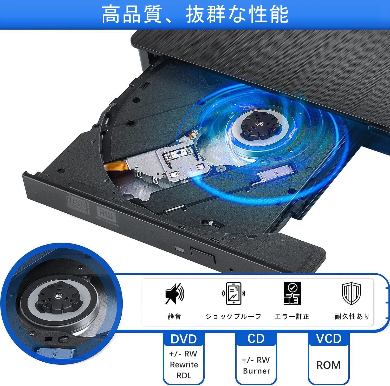 DVDドライブ 外付け USB3.0 CDドライブ ポータブルドライブ CD DVD