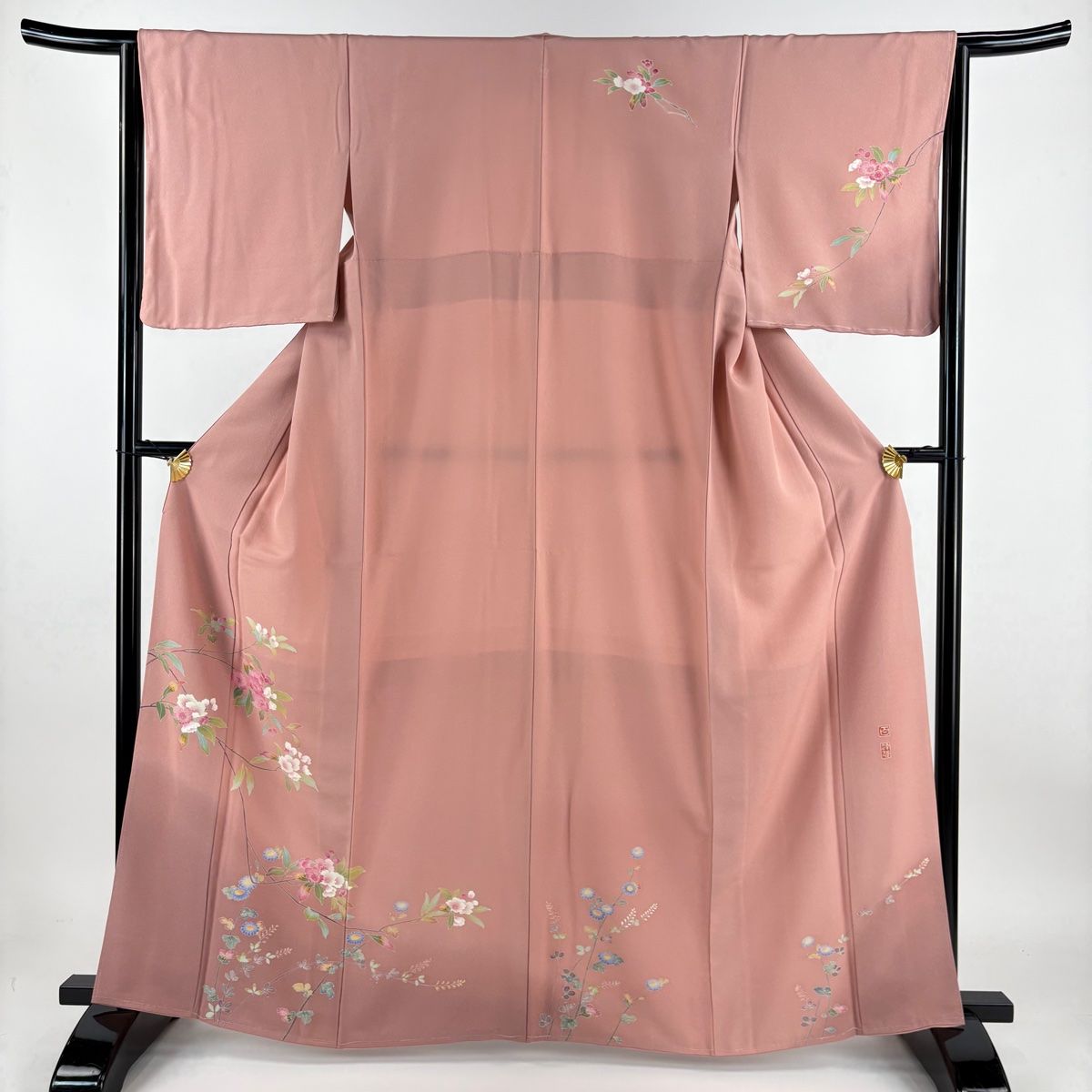 付下げ 身丈162cm 裄丈65.5cm M 袷 百貫達雄 落款 枝花 菊