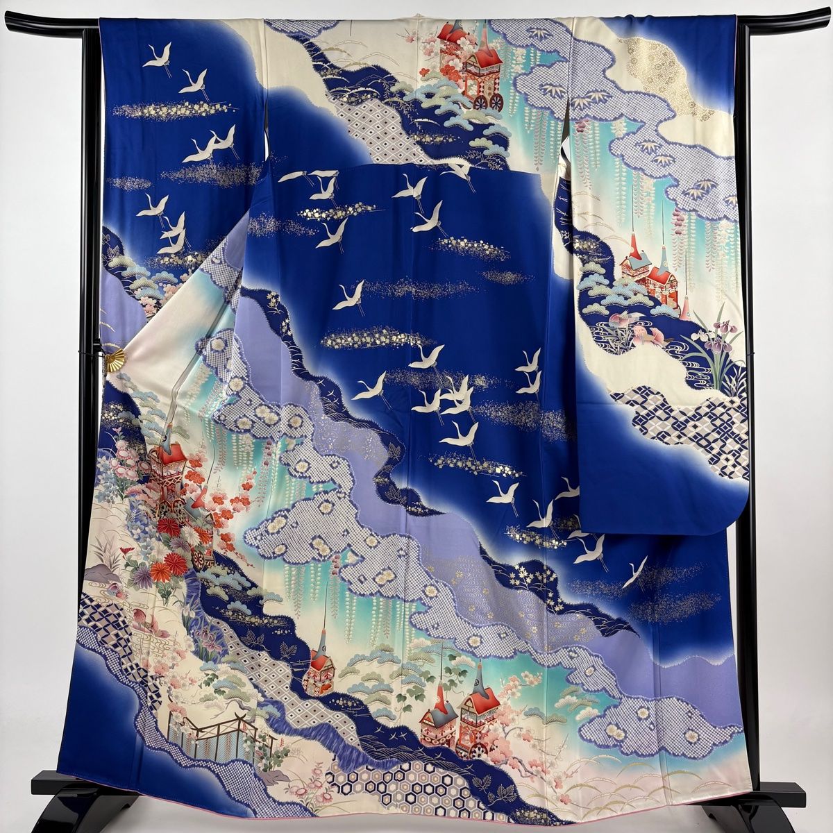 振袖 身丈161cm 裄丈64cm M 袷 山鉾 水辺風景 金糸 金彩 青紫