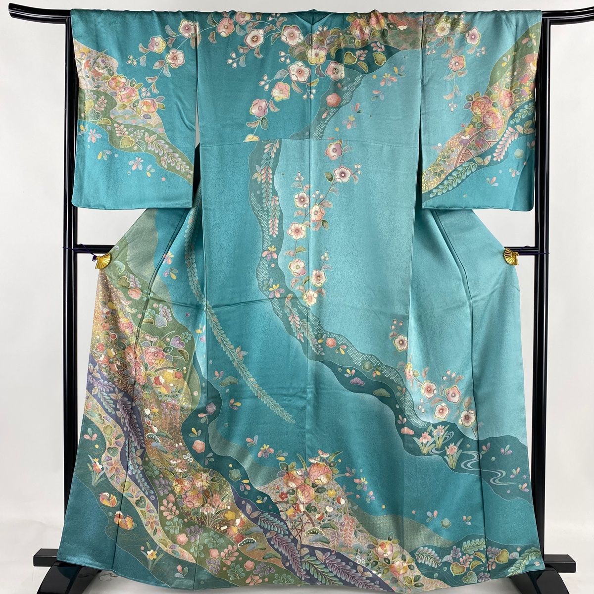 正規代理店 訪問着 名品 葉柄 藍色 袷 身丈162cm 裄丈66cm M 正絹