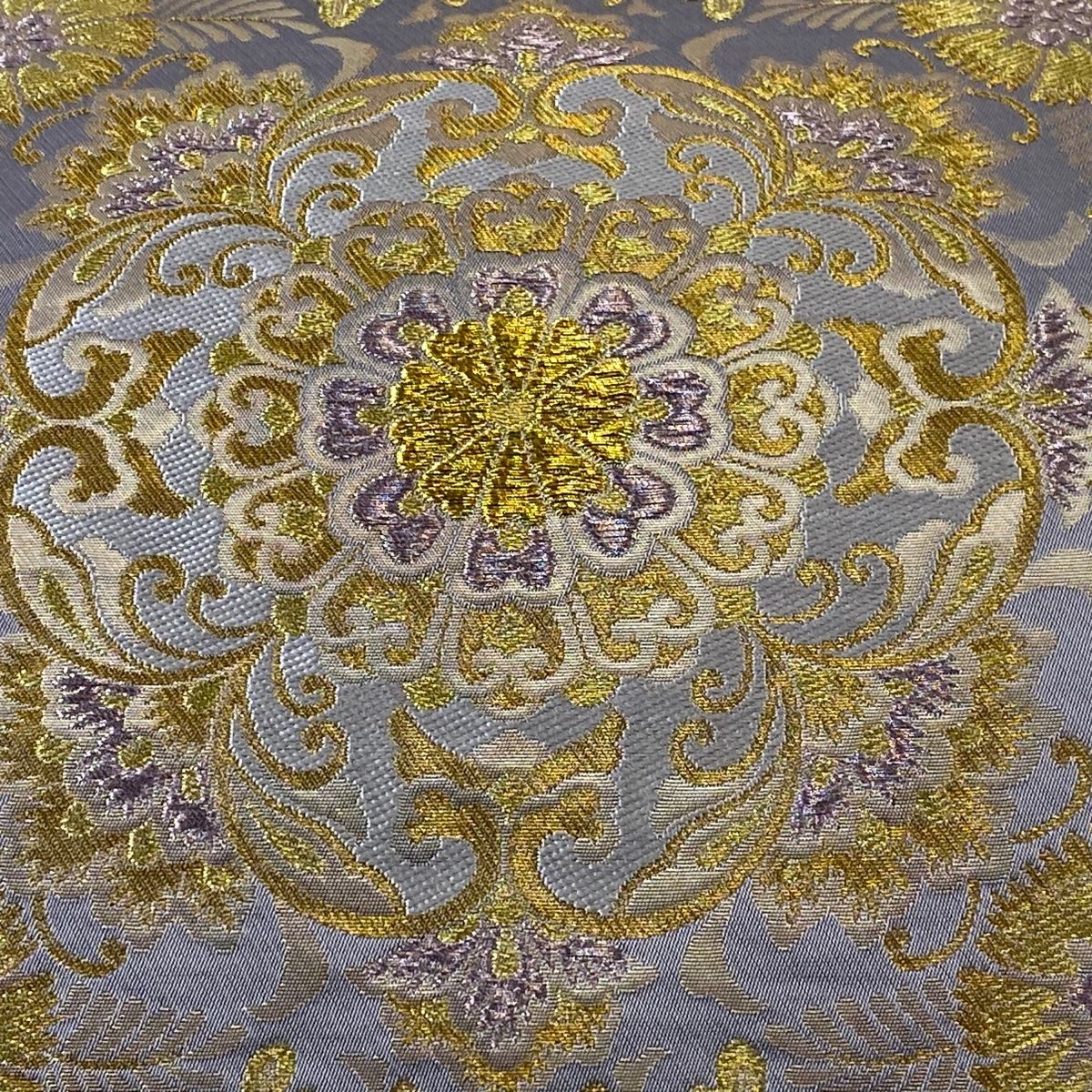 袋帯 美品 名品 落款 本家加納 華文 草花 金銀糸 箔 青灰色 六通
