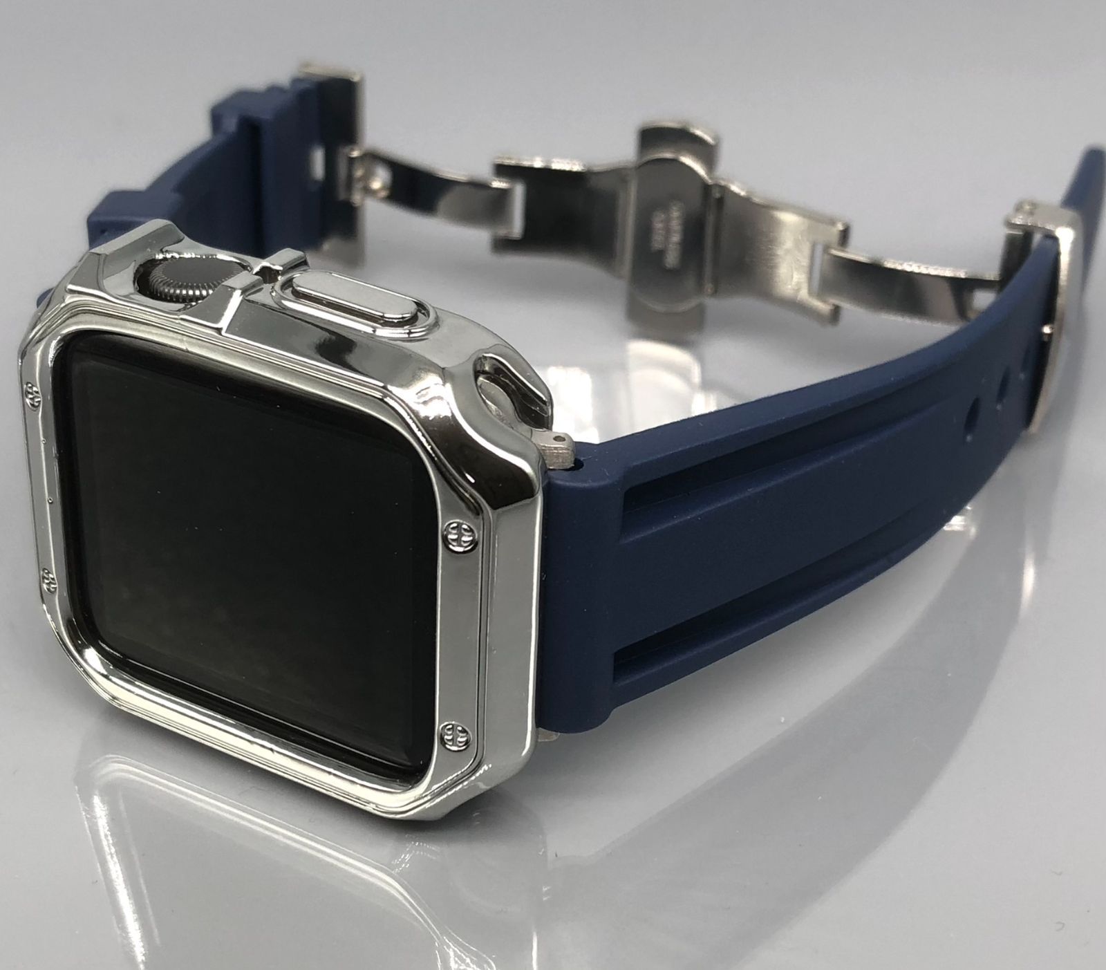 GimelZayinセット カスタム ネイビー シルバー アップルウォッチバンド ラバーベルト Apple Watch カバー ケース メンズ  レディース 38mm 40mm 41mm 42mm 44mm 45mm メンズ レディース