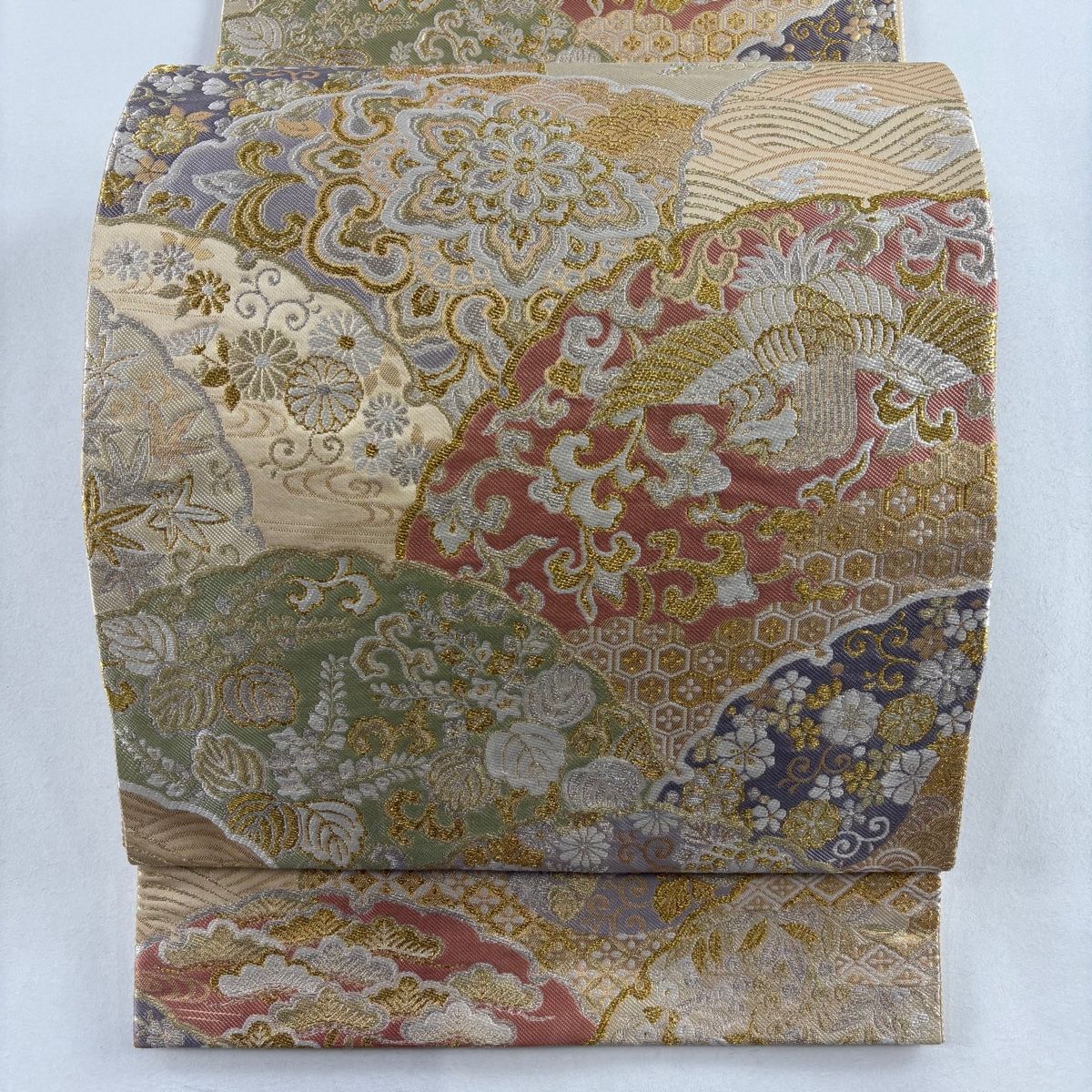 ゴールド色の額縁★薔薇柄★中古 袋帯 美品 秀品 雪輪 花鳥 箔 金銀糸 ベージュ 六通 正絹 【中古