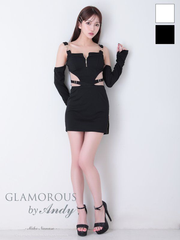 Sブラック OF05 GMS-V891-B-2509 Andy GLAMOROUS|アンディグラマラス 2way| 袖付き| ノースリーブ| バストジップ| カットアウト| シアー| タイト| ミニドレス| キャバドレス