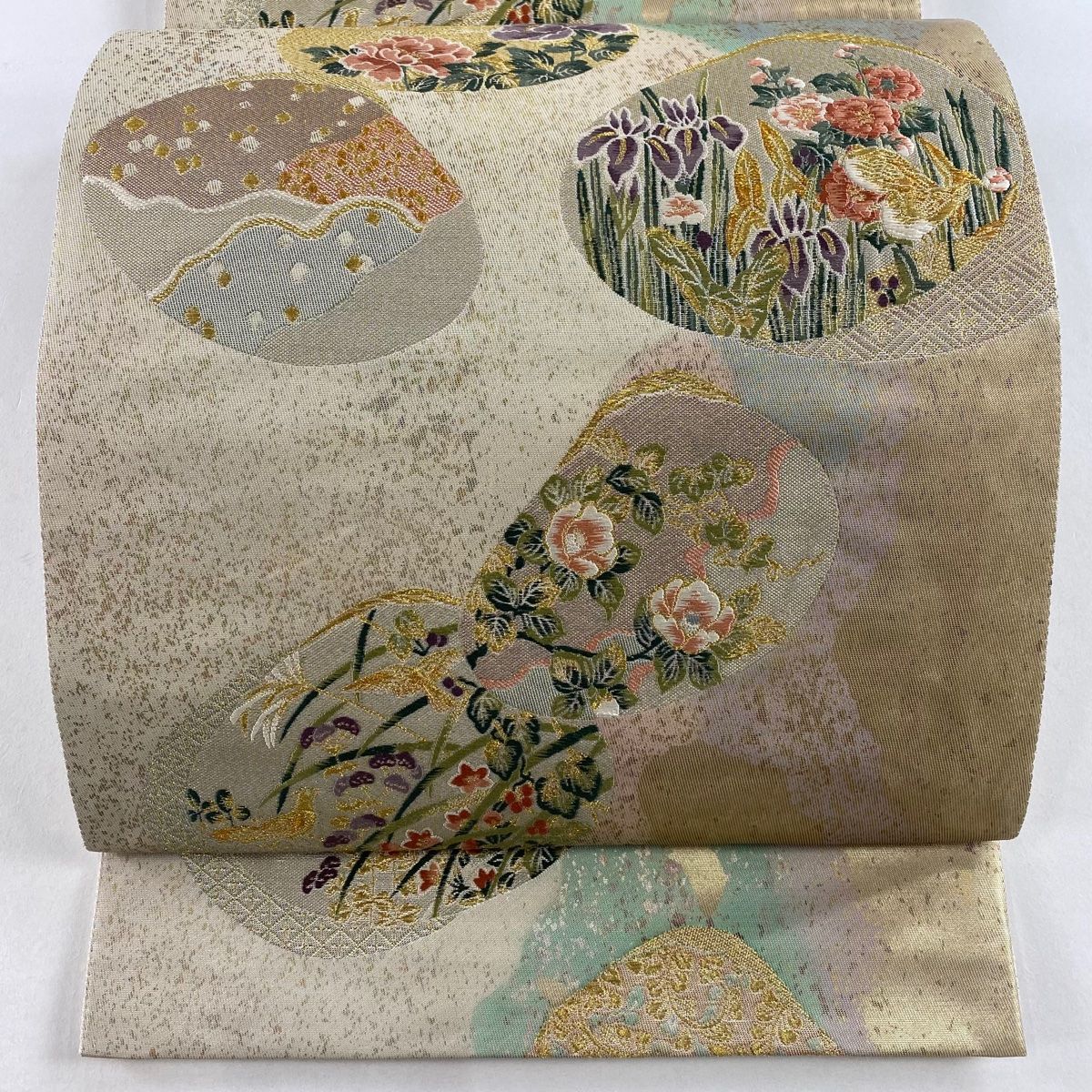 袋帯 秀品 花鳥貝合せ 金糸 箔 ベージュ 六通 正絹 【中古