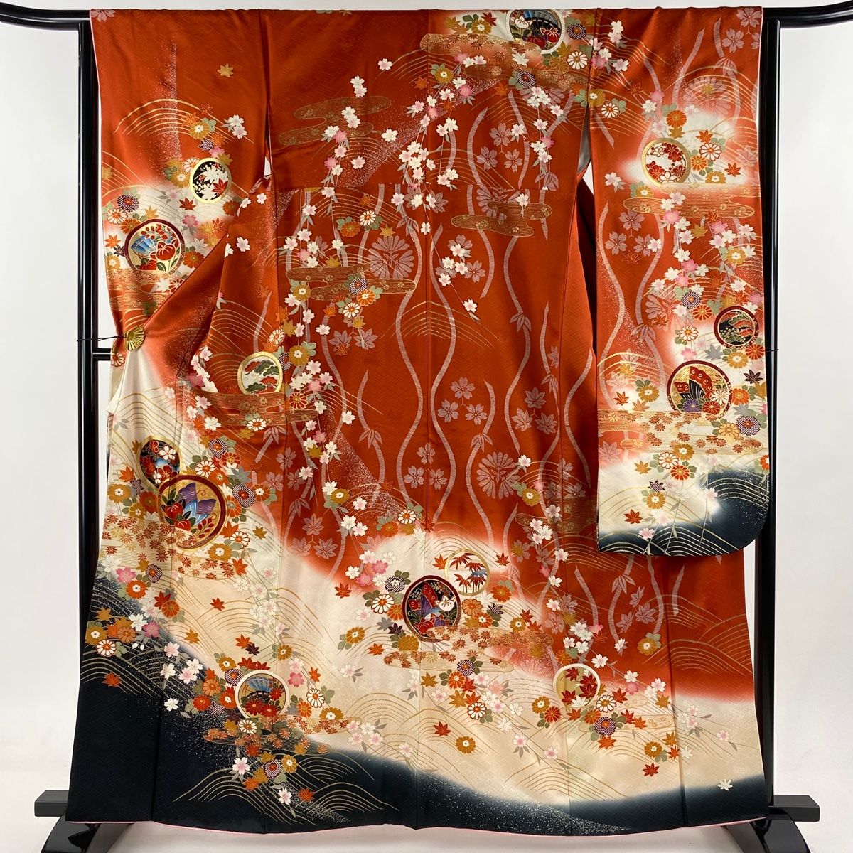 振袖 身丈162cm 裄丈64cm M 袷 鎌倉文 波 金彩 金糸 赤茶 正絹 名品