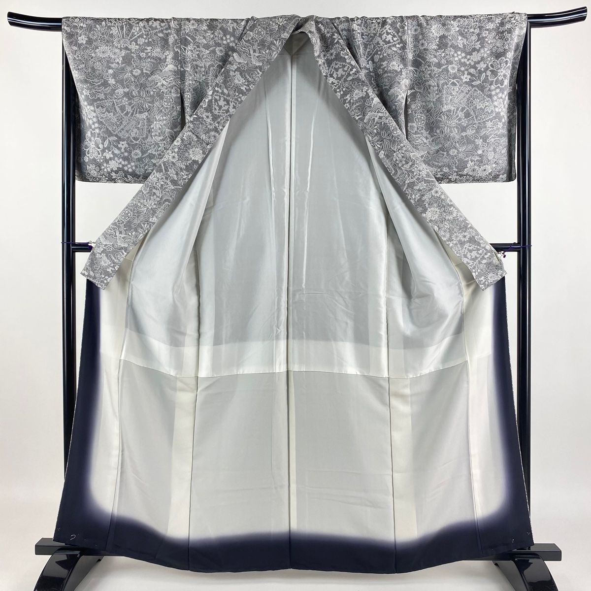 小紋 身丈161.5cm はてな 裄丈67cm M 袷 草花 扇 紋意匠 灰色 正絹 美  