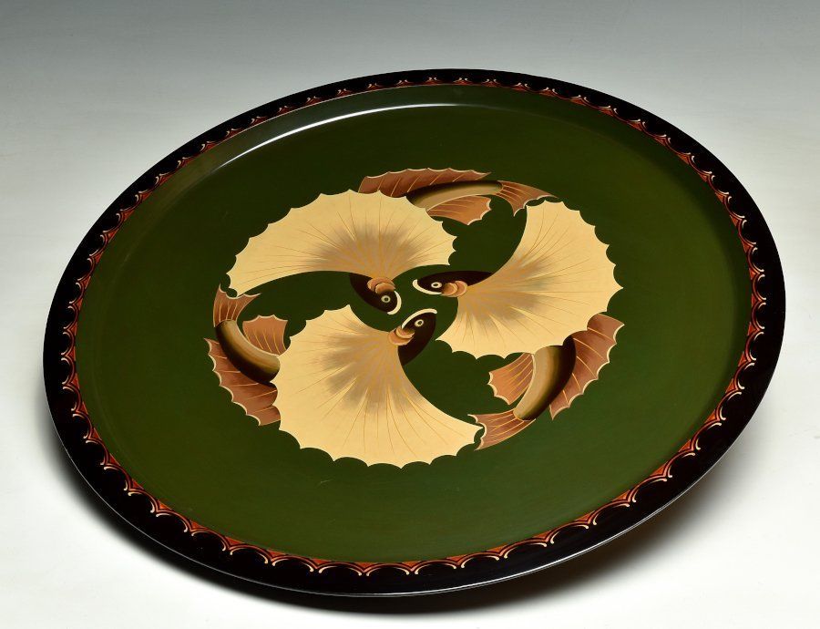 蔵C8931 漆芸 漆絵 飛魚図 大きな丸盆 飾り盆 55ｃｍ