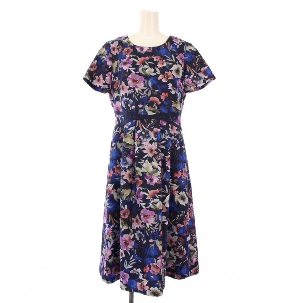 安定した ローズティアラ Rose Tiara フ ワンピース ミモレ ロング 半袖 クルーネック 花柄 38 紺 ネイビー 紫 パープル タグ付き |BB