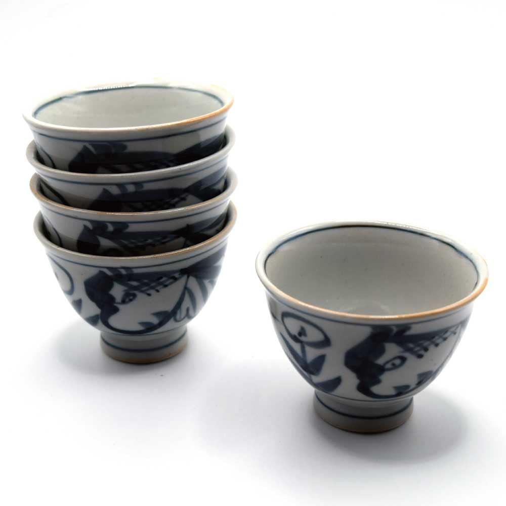 岡田園 茶道具 煎茶碗 湯呑 利祥作 魚草紋 5客セット 径6.5cm