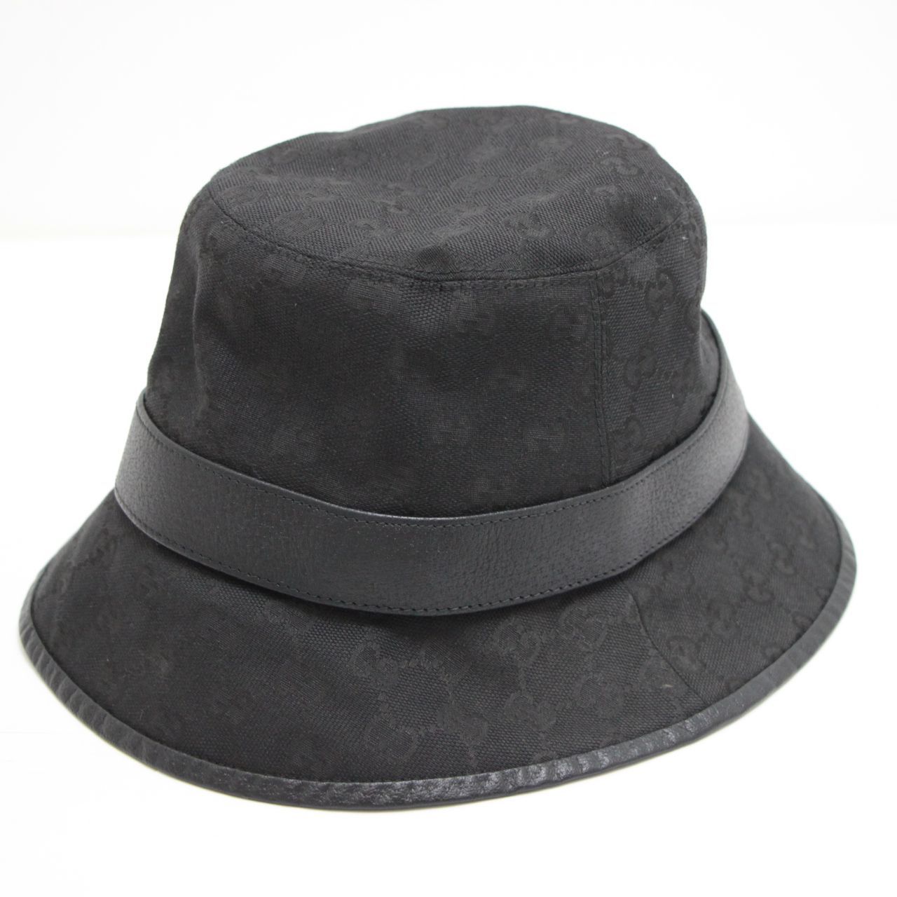 【グッチ】 Hats 帽子 Striped canvas bucket hat with embroidery in dark blue and