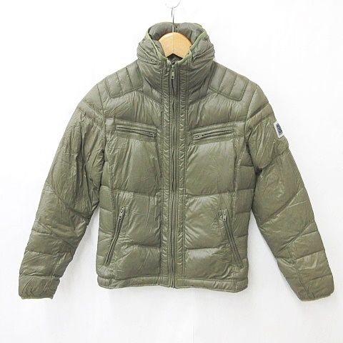 ディーゼル DIESEL ジャケット ダウンジャケット ブルゾン ジップアップ フード ワッペン テープ ナイロン 緑 グリーン S