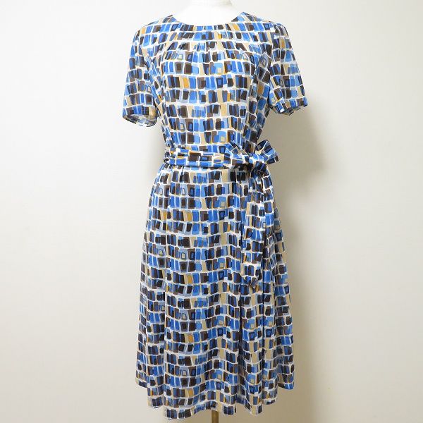 snc レリアン Leilian ワンピース 9 青 茶 黄色 半袖 総柄 ベルト紐付き インナー付き レディース 830590