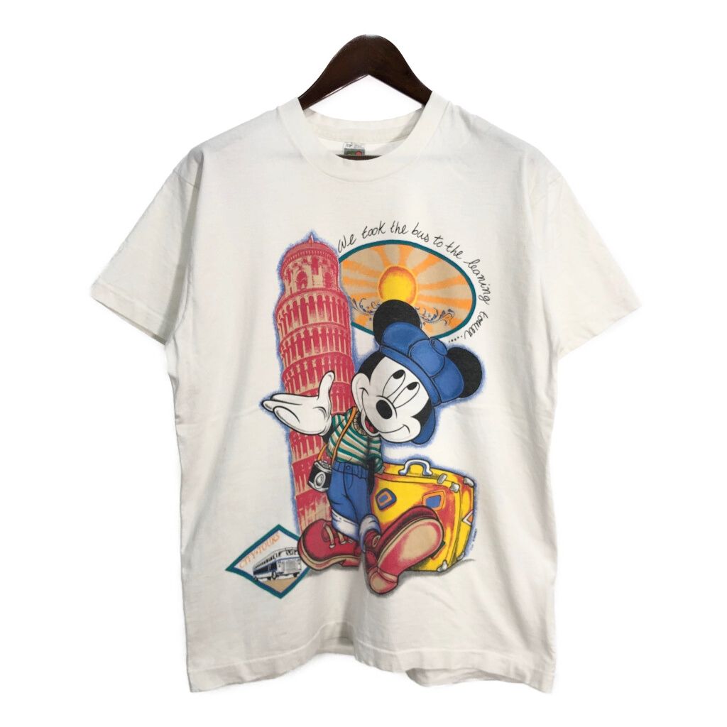 90年代 USA製 Disney ディズニー ミッキーマウス 大判プリント 半袖Ｔシャツ キャラクター ホワイト (メンズ ONE SIZE)  古着 T3630