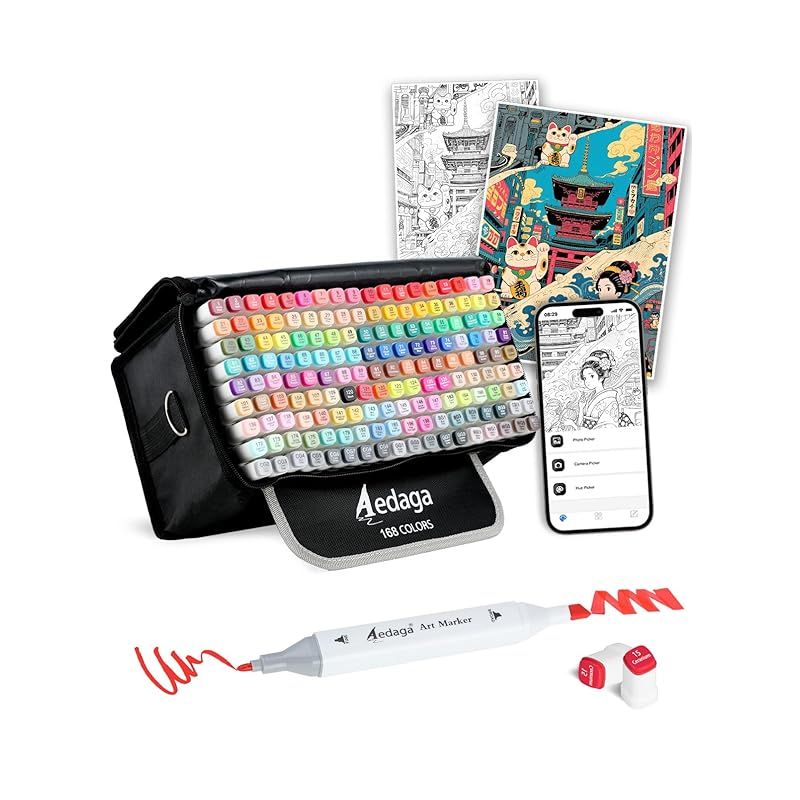 マーカーペン セット 168色 イラストマーカー ペイントアプリ付き サポート付きケース Aedaga シリーズ 大人子供向けのアルコールマーカー画材