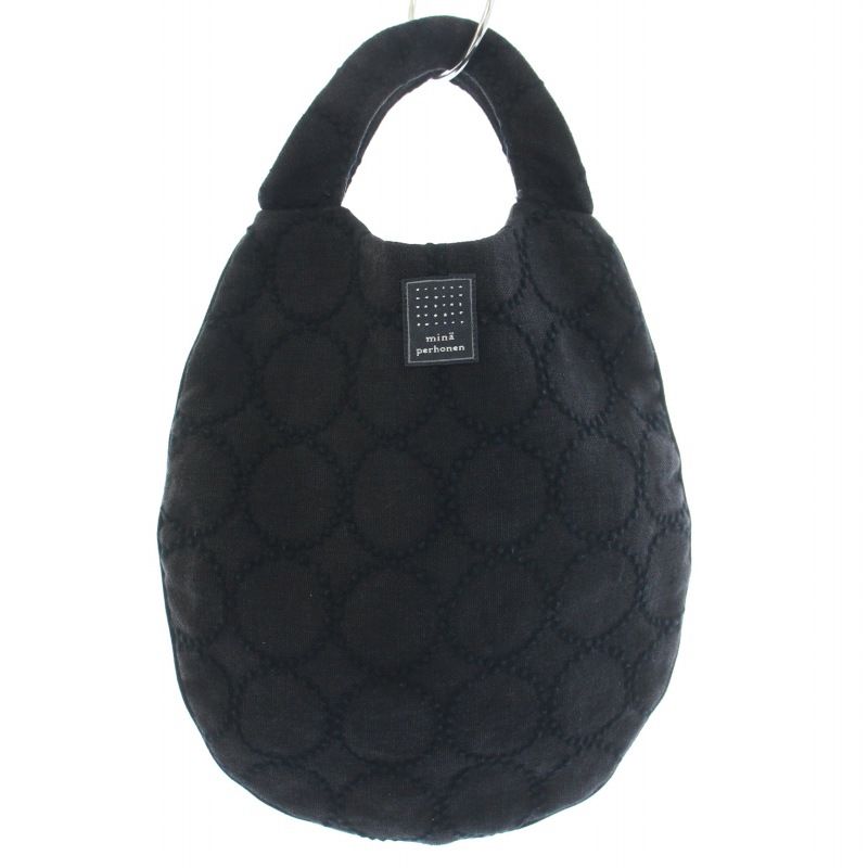 ミナペルホネン mina perhonen タンバリン tambourine ハンドバッグ リネン 総柄 黒 ブラック ts9292 /TK ●D