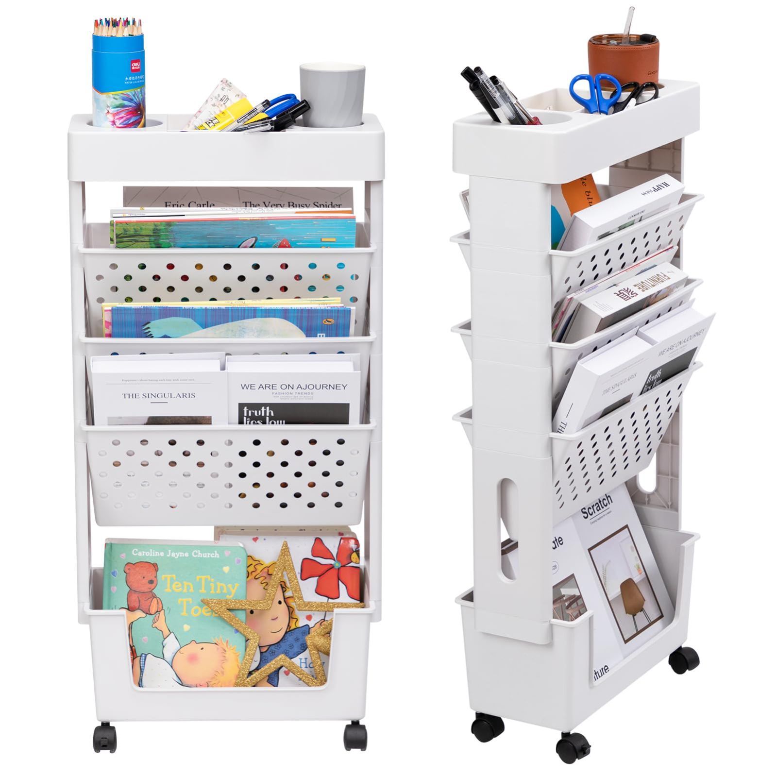 書類収納棚 ワゴン ブックスタンド マガジンラック 隙間収納ラック 5段サイドワゴン CD収納 キッチンワゴン ポリプロピレン スリム 本棚大容量 おしゃれ ALIMORDEN ホワイト