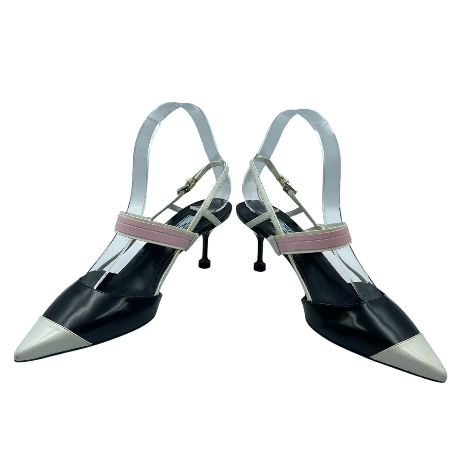 美品 PRADA プラダ パンプス レザー ロゴ入り ブラック ピンク