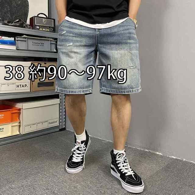 38 約90〜97kg メンズ ファッション 服 男性用 オシャレ シンプル 大人 かっこいい 大きいサイズ ストリート 紳士服 夏 アメカジ ウォッシュド レトロ ダメージ デニム ショート パンツ ゆったり 快 五分丈 パンツ