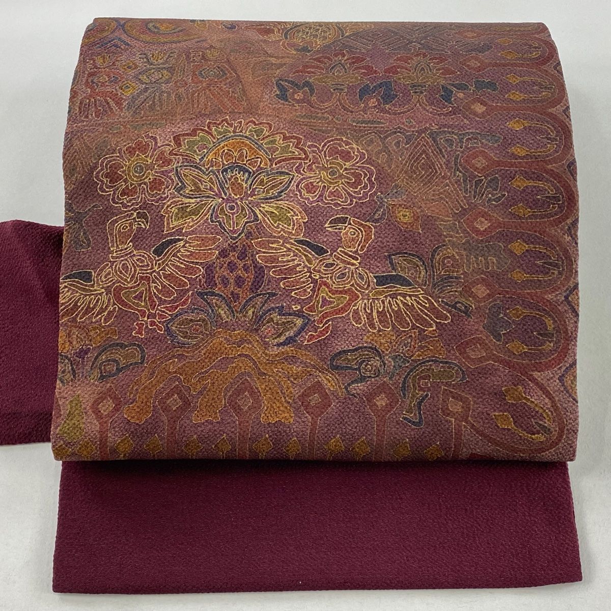 名古屋帯 秀品 草花 金彩 縮緬 紫 正絹