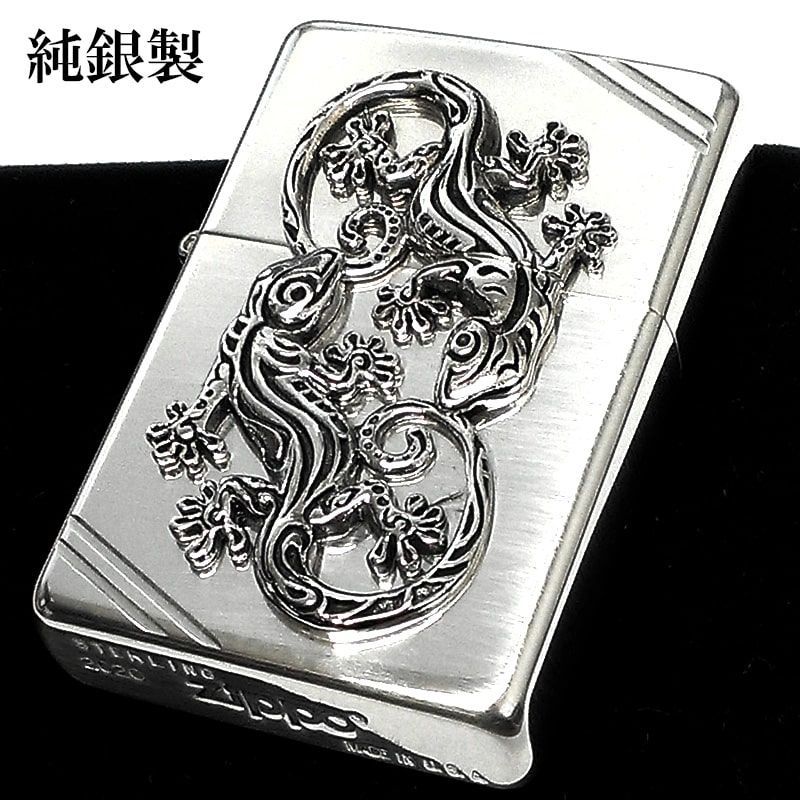 ZIPPO ライター 純銀 スターリングシルバー ラッキーチャーム ゲッコー お守り ジッポ シンプル ダイアゴナルライン 1937フラットトップ  ヤモリ かっこいい ギフト おしゃれ かわいい 高級 渋い メンズ プレゼント