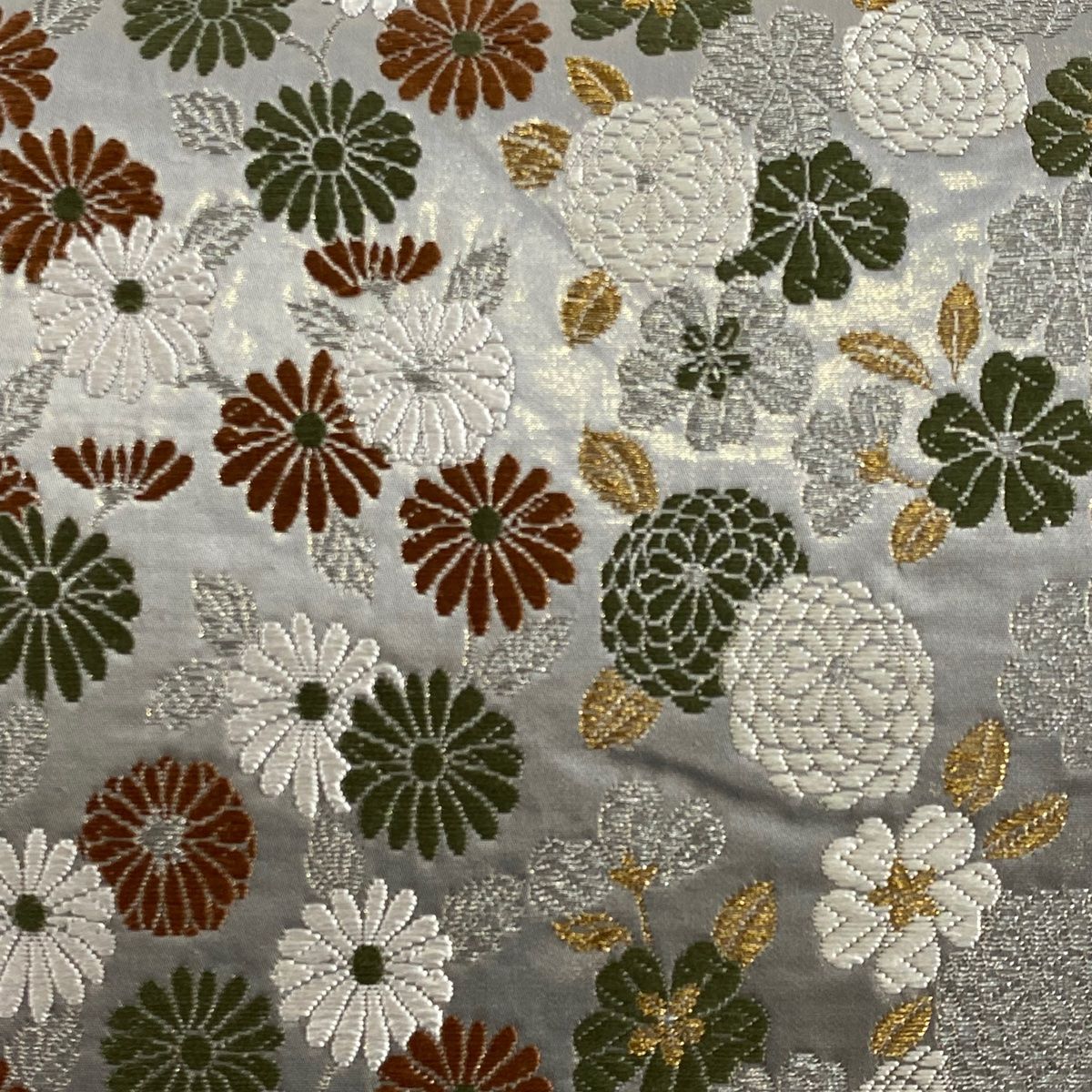 袋帯 名品 唐花織 菊 桜 金銀糸 箔 灰色 六通 正絹 【中古