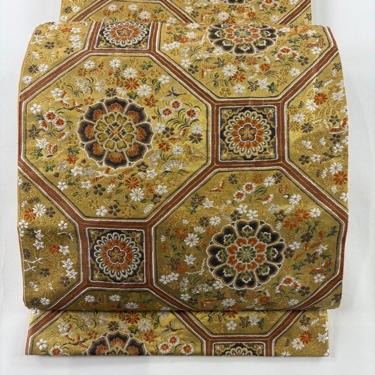 袋帯 秀品 鈴乃屋 燭甲小花錦 蜀江華文 花鳥 箔 金銀糸 金色 六通 正絹