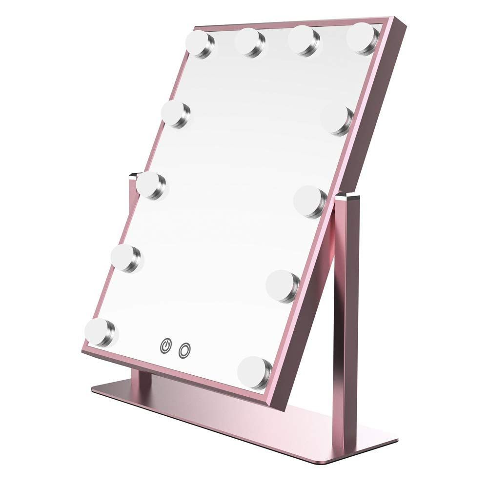 Color ピンク_Size 長さ40 x 幅30 cm Wonstart 女優ミラー 化粧鏡 12個led電球付 2色調光 360°回転 明るさ調整 卓上 ledミラー ピンク