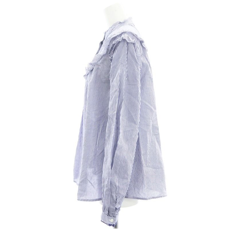 美品　イエナ　ストライプコットンフリルブラウス　Fサイズ　ブルー　オフィス IENA（イエナ）の「ストライプコットンフリルブラウス◇（シャツ